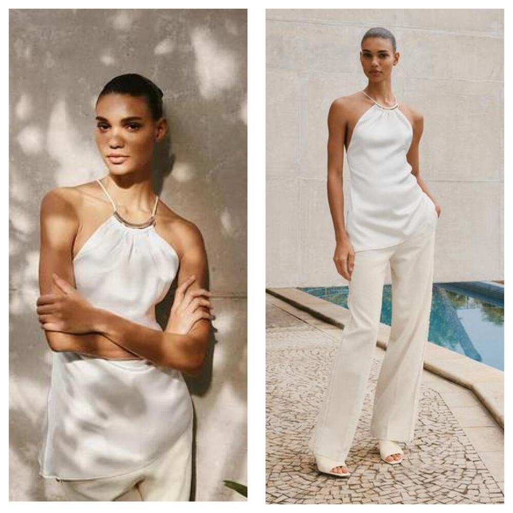 NWT Zara White Satin Halter Asymmetrical Hem Top Medium Tie Back Quiet Luxury
